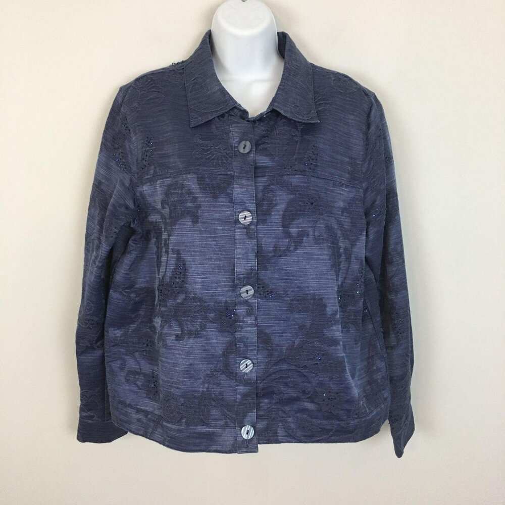 Coldwater Creek ARTSY Utility Jacket‎ Large Blue Beaded Embroidered Button Up